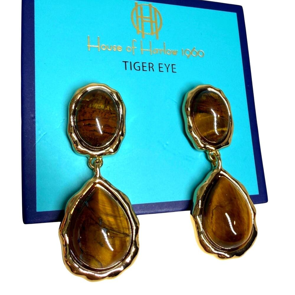 House of Harlow 1960 Tiger Eye brown Genuine Gemstone Drop statement Earrings